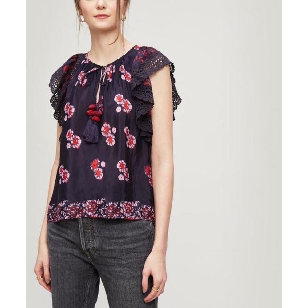 Sea New York Floral Ruffle Sleeve Blouse Navy Red Pom Detail 2 - Picture 7 of 16
